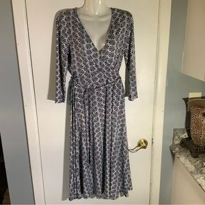 Cross Front Deep V Midi Dress Fan Pattern SZ S White Stag